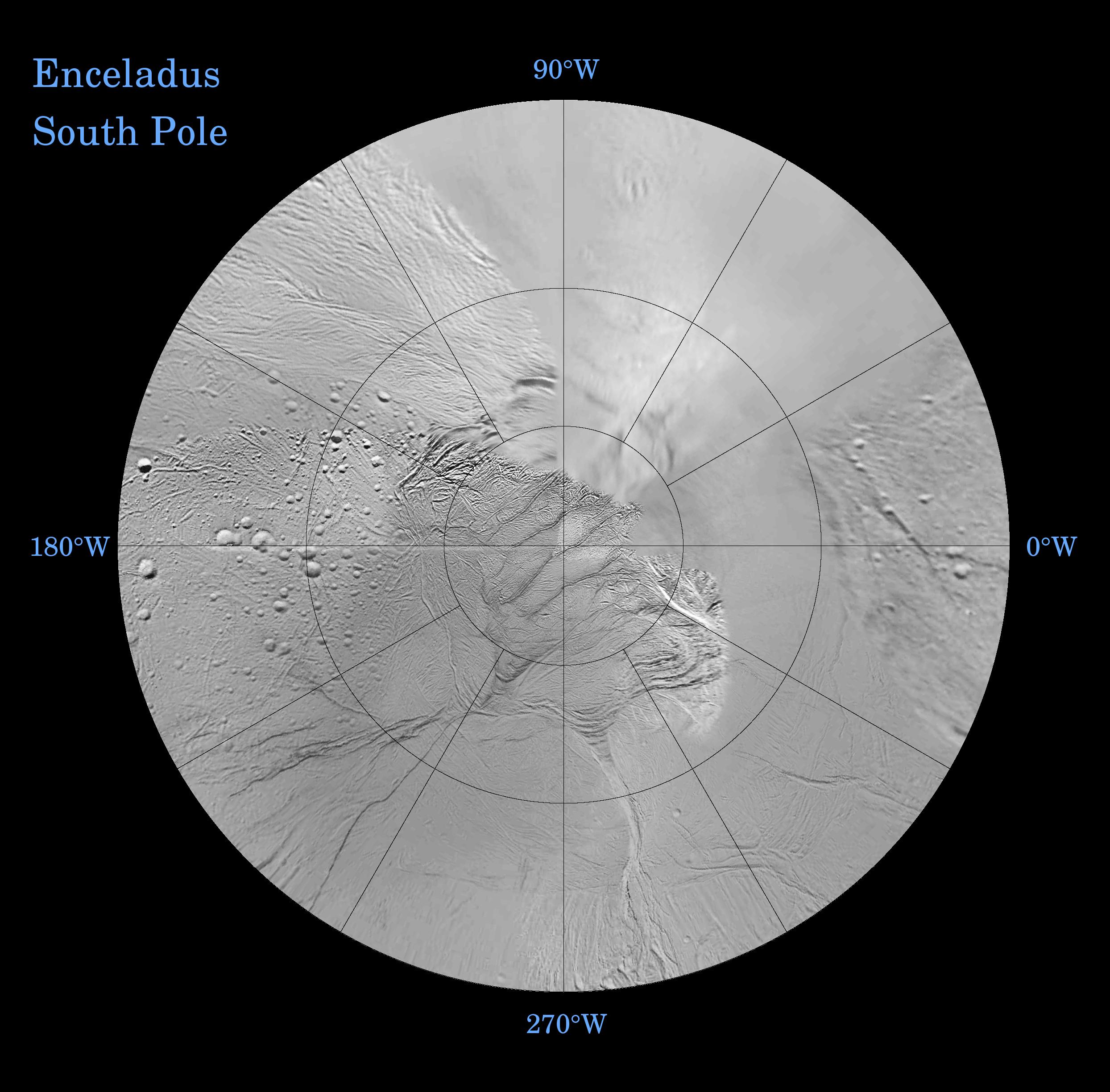 The southern hemisphere of Enceladus is seen in this polar stereographic map, mosaicked from the best-available Cassini and Voyager clear-filter images