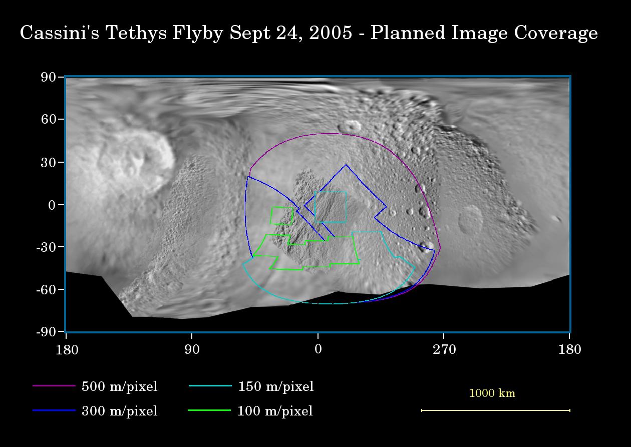 This map of the surface of Tethys illustrates the regions that will be imaged by Cassini during the spacecraft's close flyby of the moon on Sept. 24, 2005