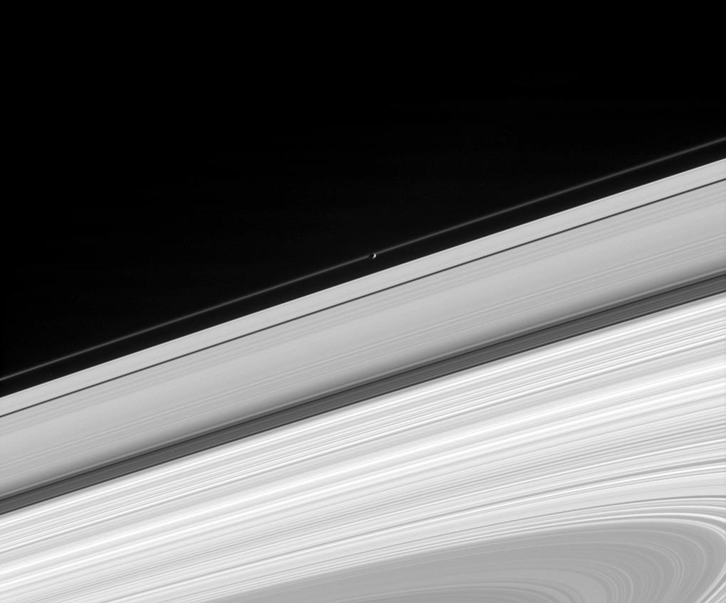 an image of Saturn's rings with Pandora occulting the F ring