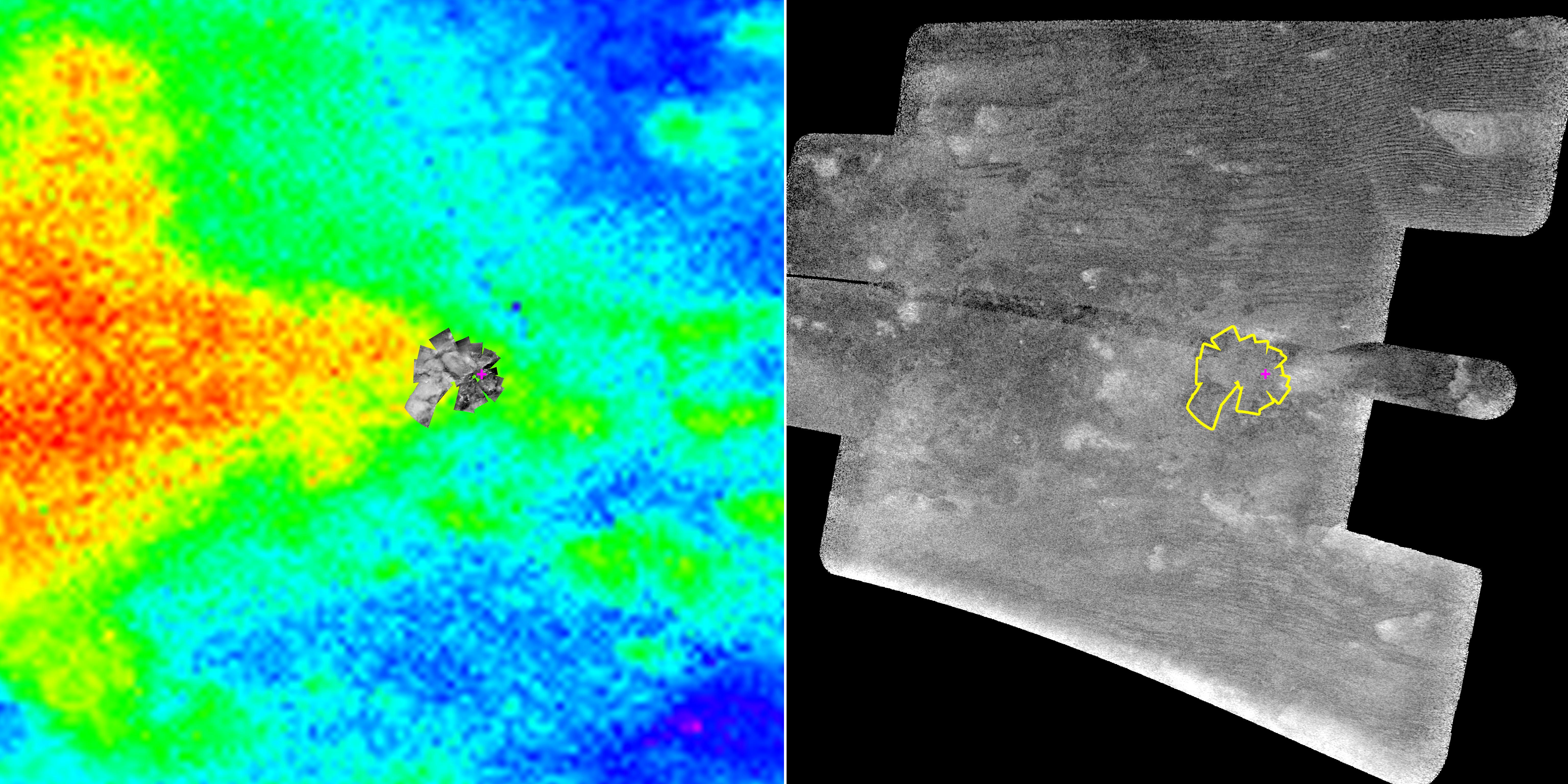 Side by side images. Left: composite of the imaging camera and the infrared data. On the right is the synthetic aperature radar image.