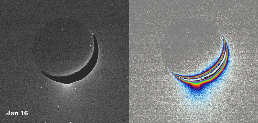 Two views of Enceladus: left shows 'natural' color; right shows a color-coded version