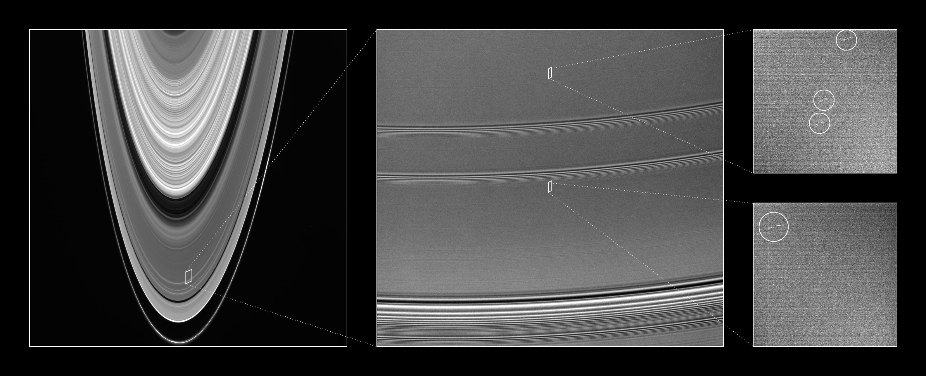 A collection of images showing location and scale of propeller-shaped features observed within Saturn's A ring