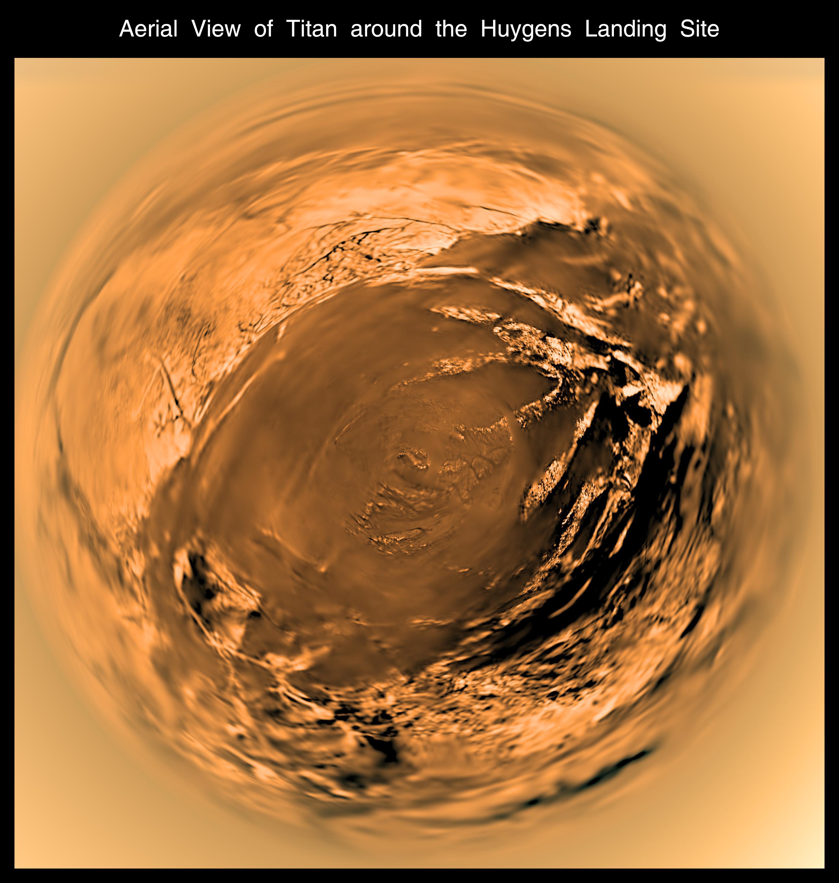 This poster shows a flattened (Mercator) projection of the Huygens probe's view