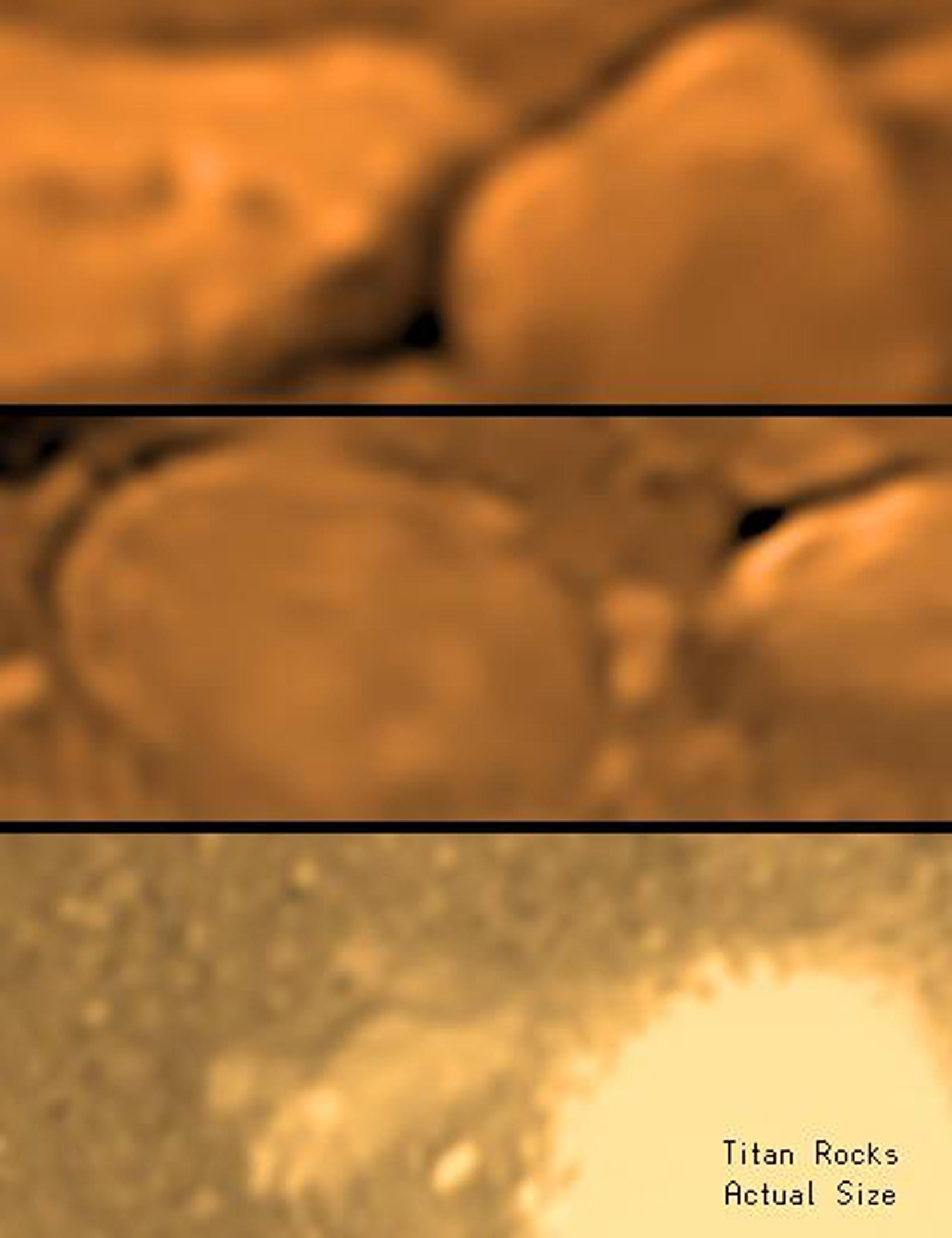When printed on letter sized paper this poster shows the size of the 'rocks' on Titan's surface in their true size.