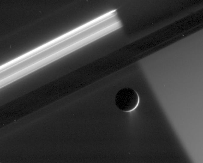 An enhanced close-up view of Enceladus