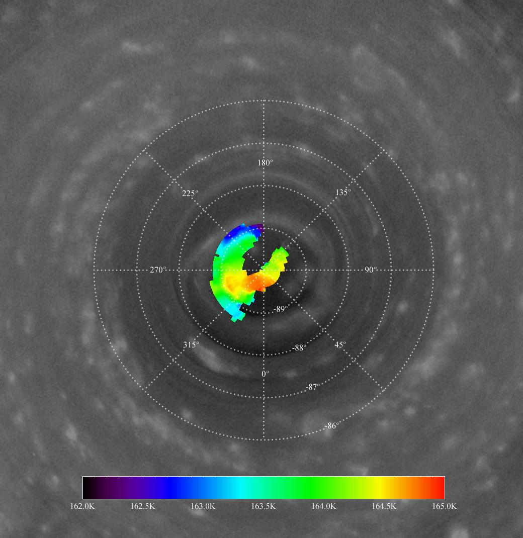Temperatures from the composite infrared spectrometer overlaid onto an image of Saturn's south pole
