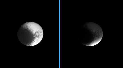 Side by side images of Iapetus
