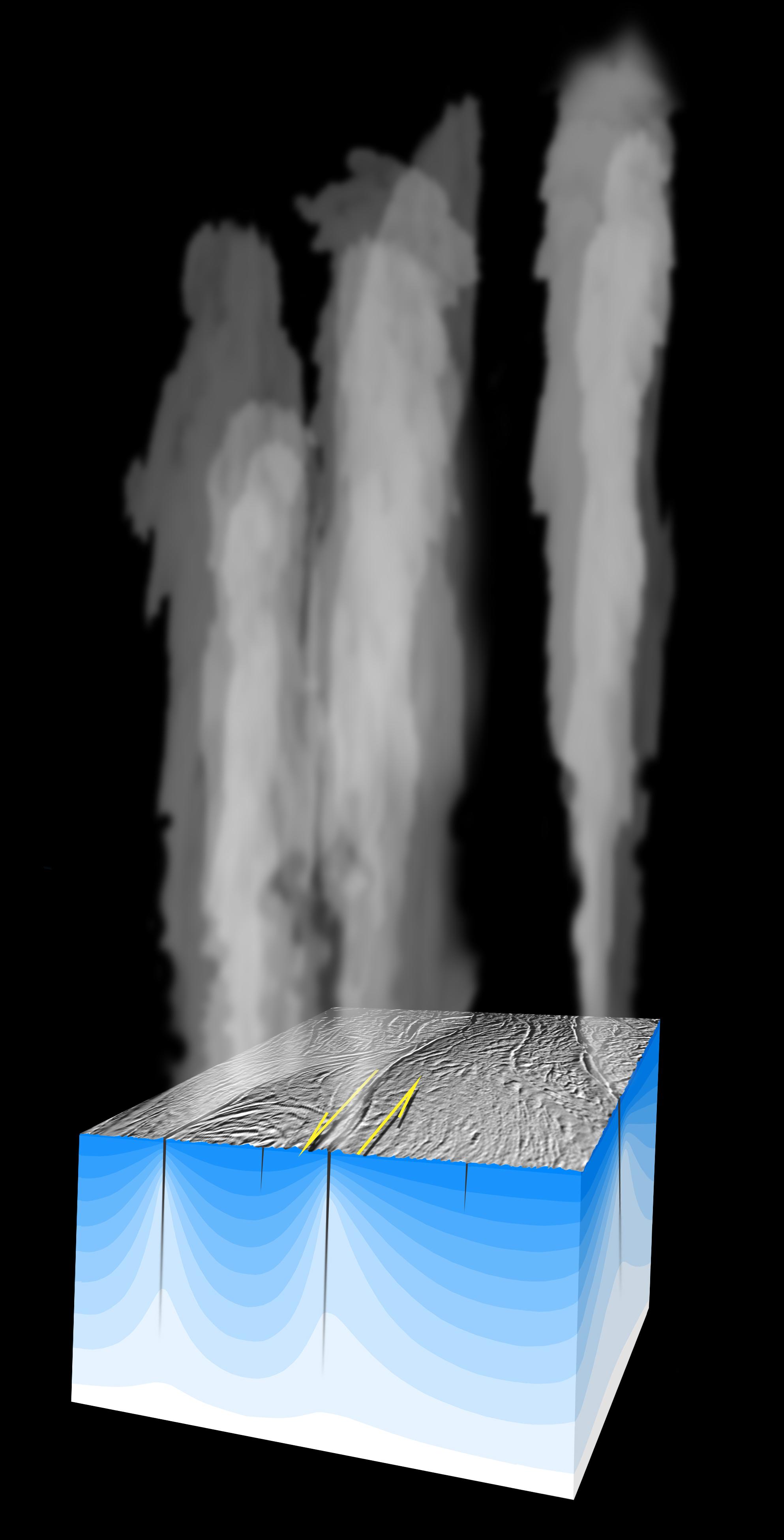 Artist concept of plumes escaping at high velocity from Enceladus' surface