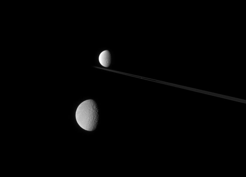 Saturn's rings, Rhea, Atlas and Dione