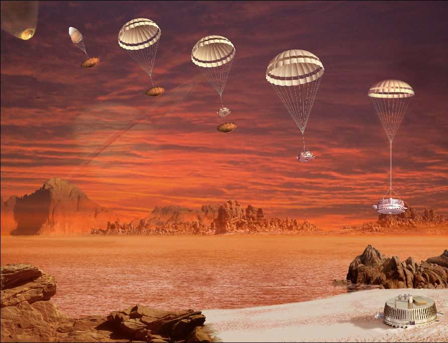 Artist concept showing the descent and landing of Huygens
