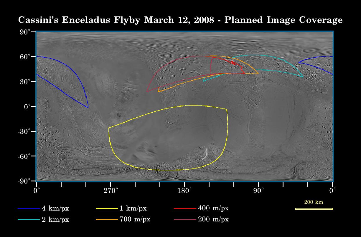 Planned Image Coverage (Enceladus flyby -- March 12, 2008)