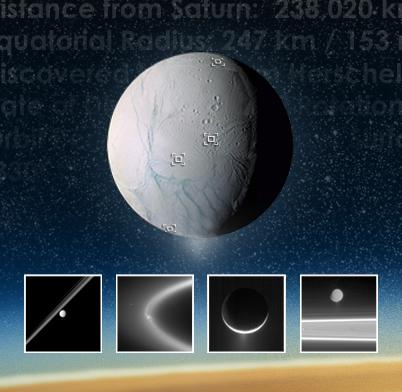 Artwork for the feature Saturns Moons Explorer -- Enceladus