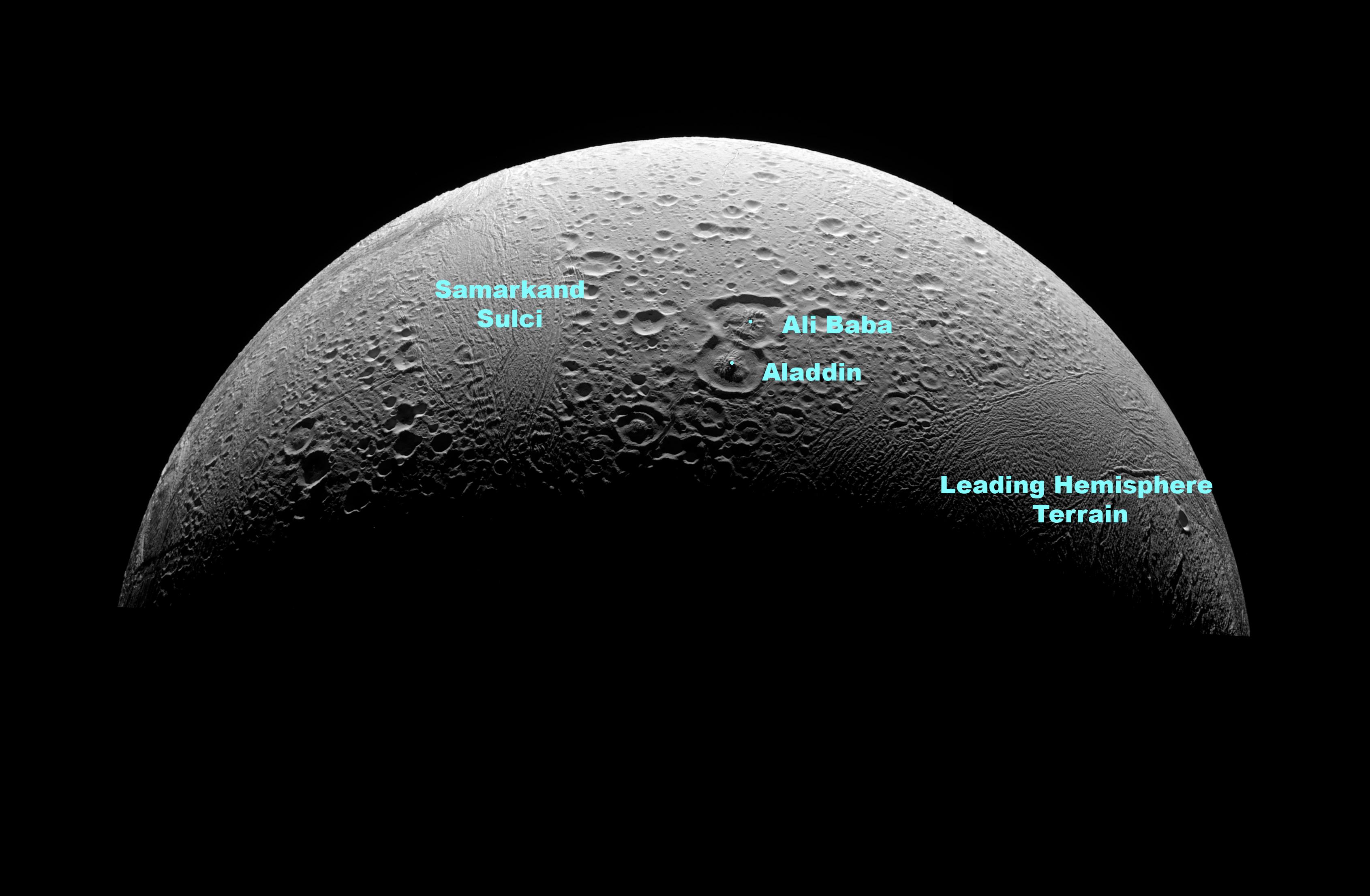 Enceladus' north polar region -- with labels