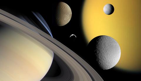 Image collage featuring Saturn and the moons Titan, Enceladus, Dione, Rhea and Helene