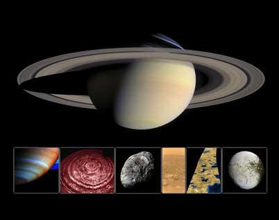 Montage of images of Saturn and some of its moons
