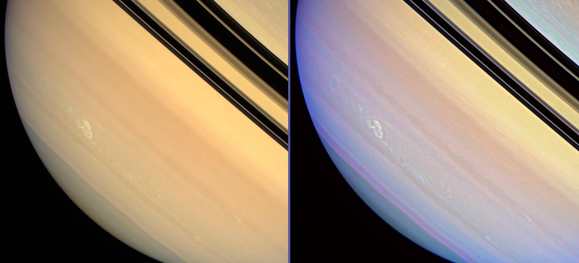 Side-by-side views of electrical storm on Saturn