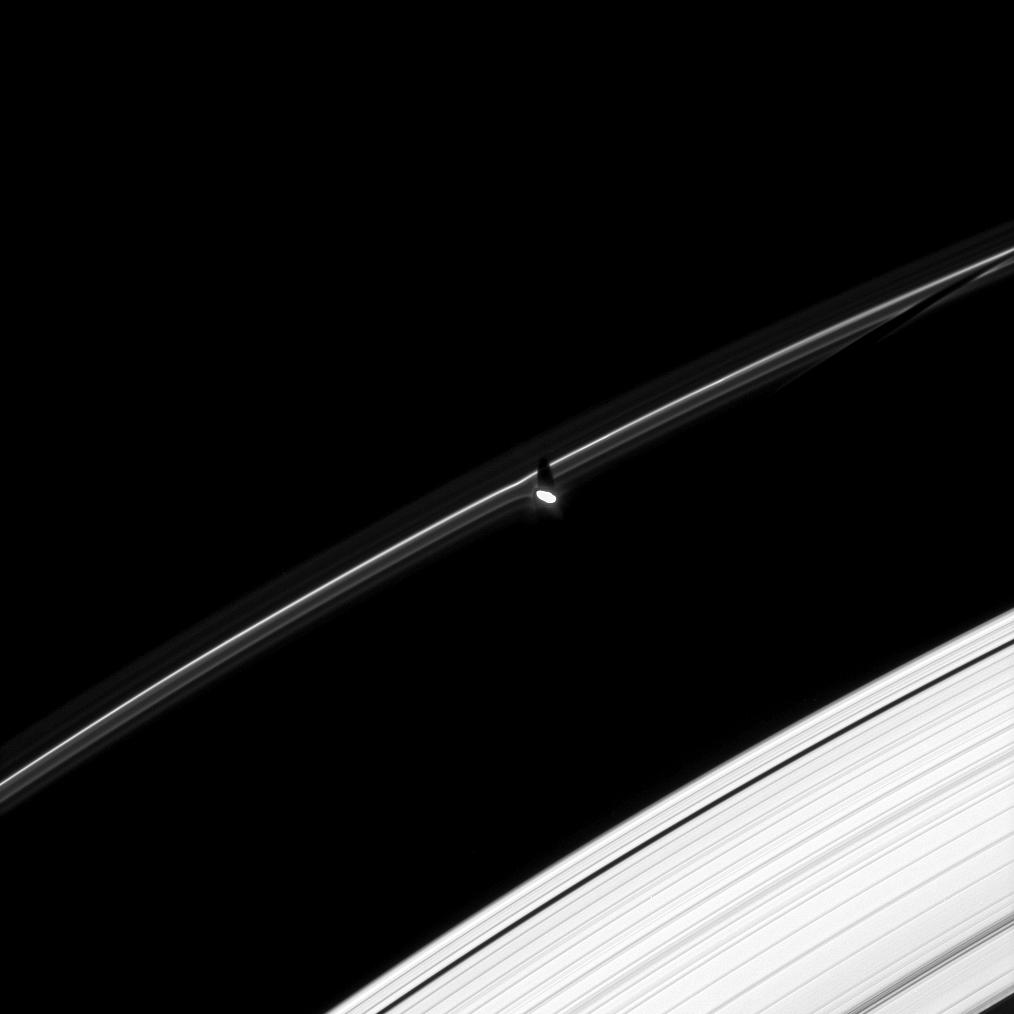 Prometheus caught casting a shadow on the F ring.