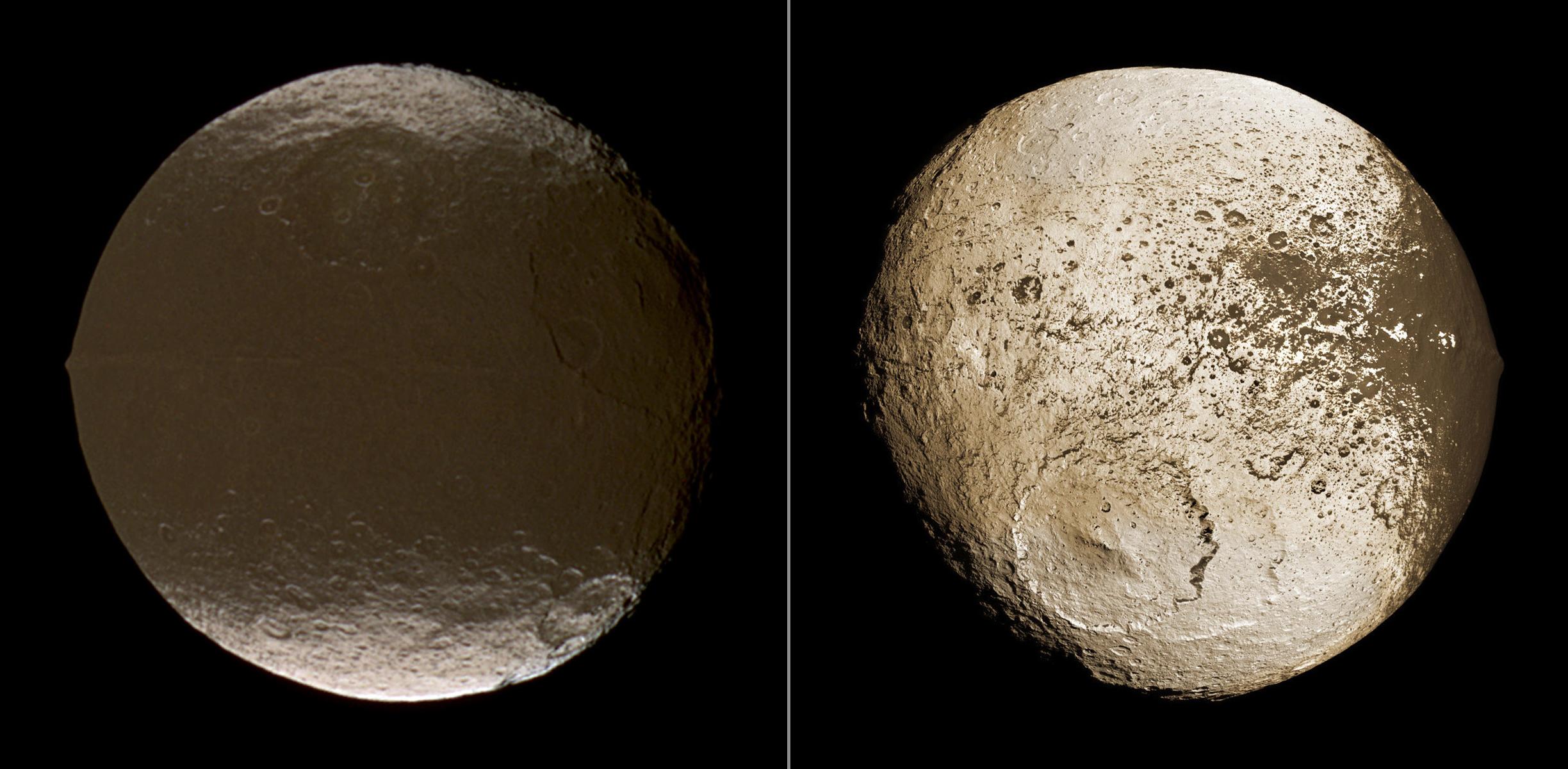 These two global images of Iapetus show the extreme brightness dichotomy on the surface of this peculiar Saturnian moon.
