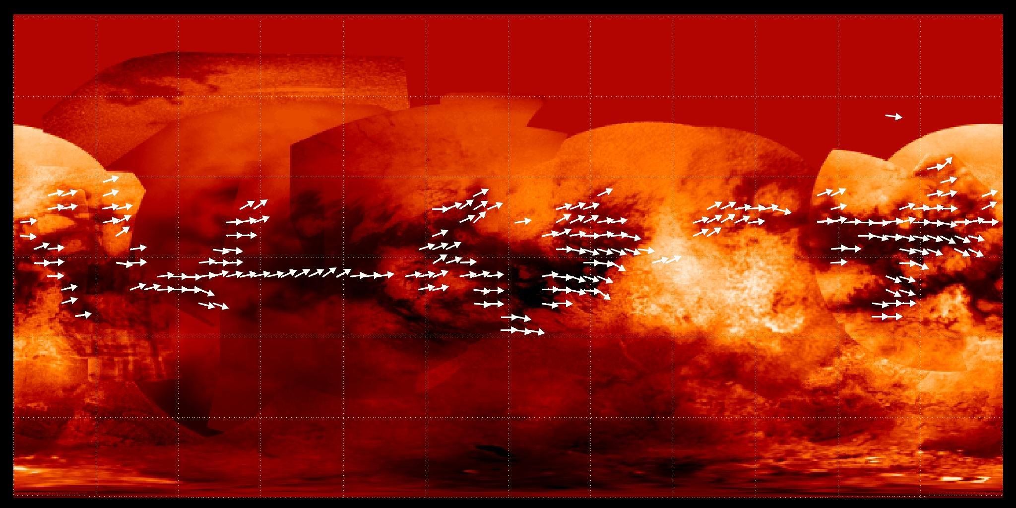 Scientists have used data from the Cassini radar mapper to map the global wind pattern on Saturn's moon Titan using data collected over a four-year period, as depicted in this image. 