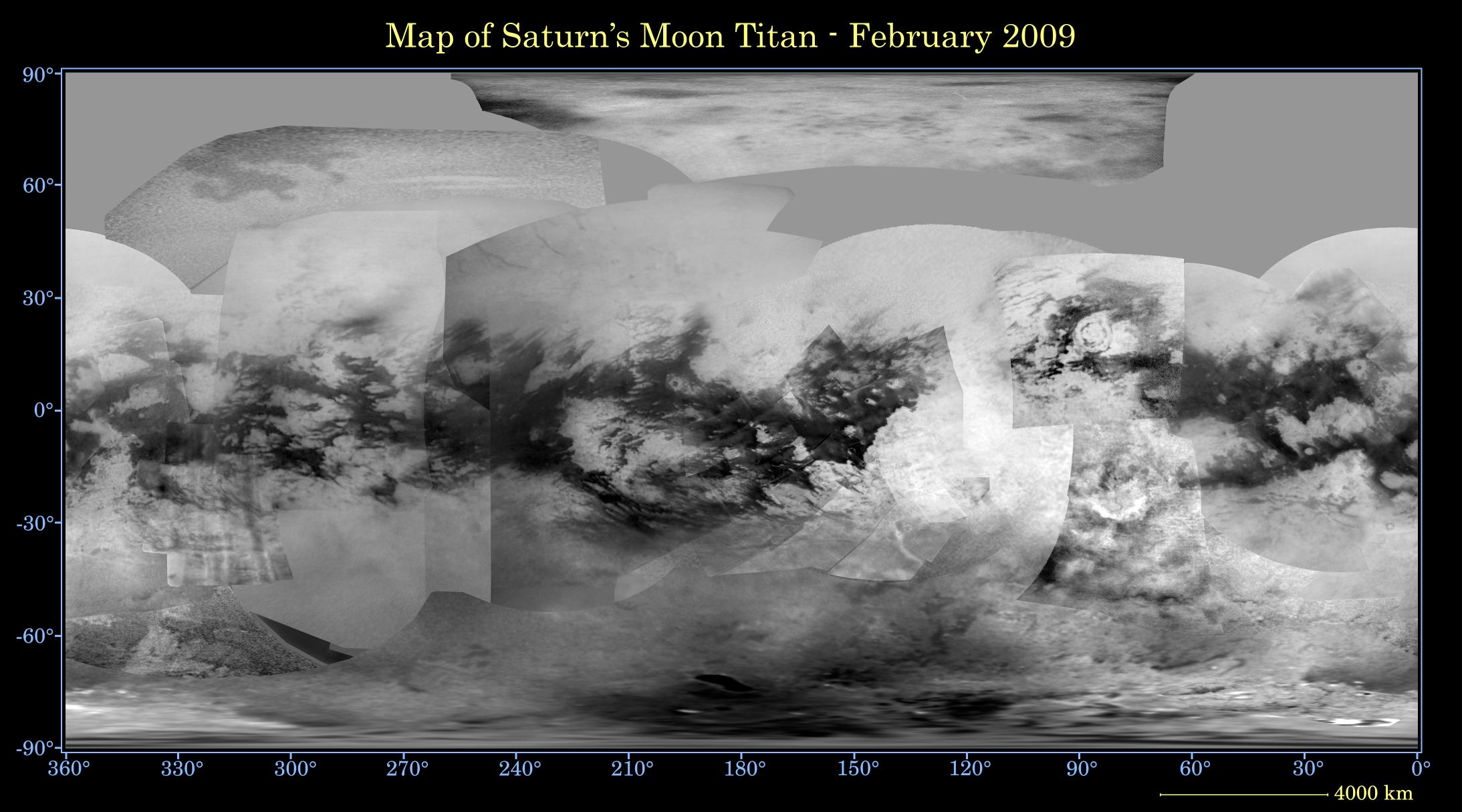 This global digital map of Saturn's moon Titan was created using images taken by the Cassini spacecraft's imaging science subsystem.