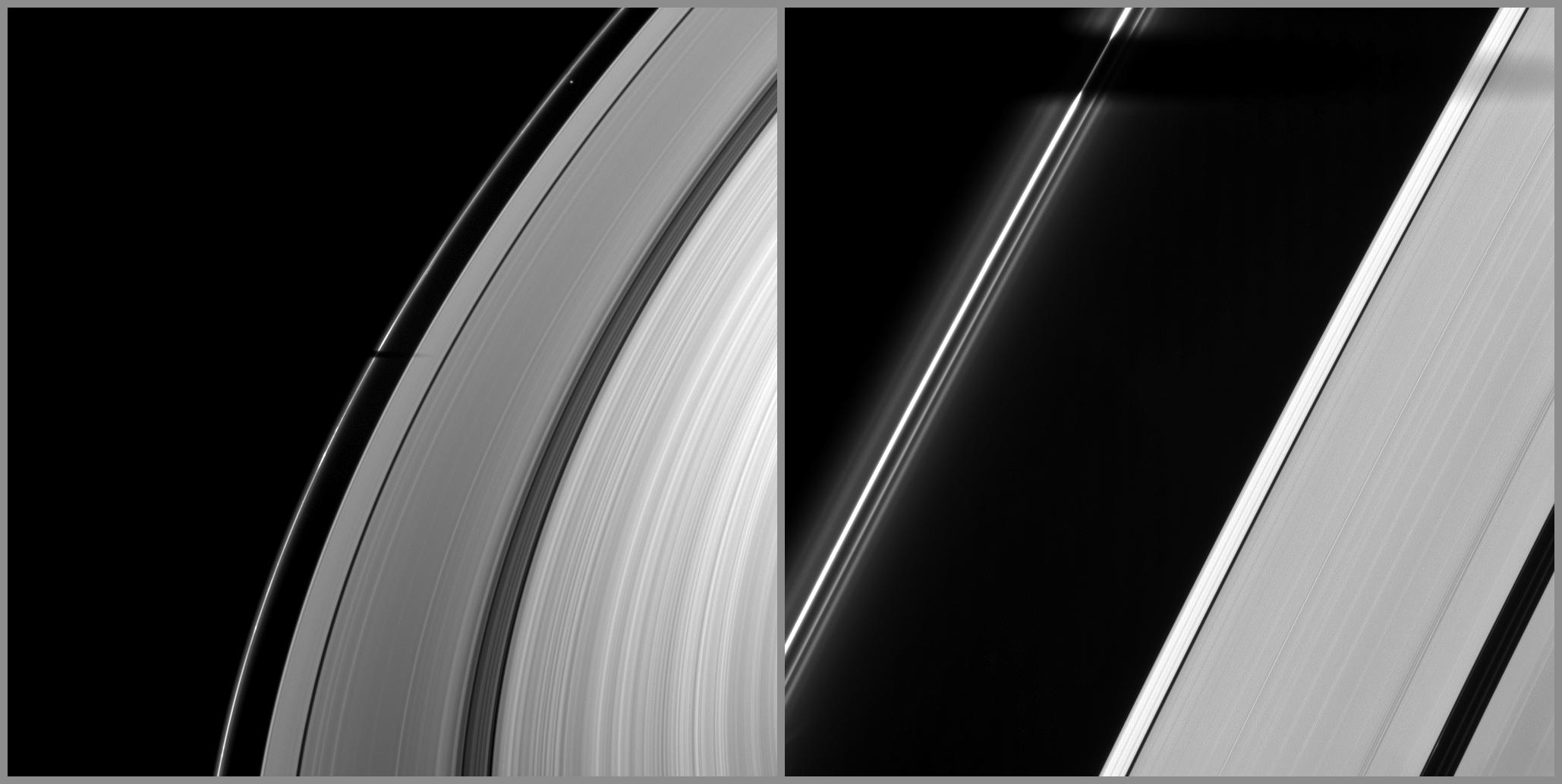 Tethys casts its shadow across Saturn's F ring and part of the A ring
