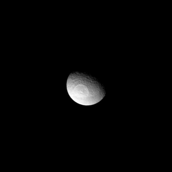 The Odysseus Crater dominates this view of Saturn's moon Tethys.