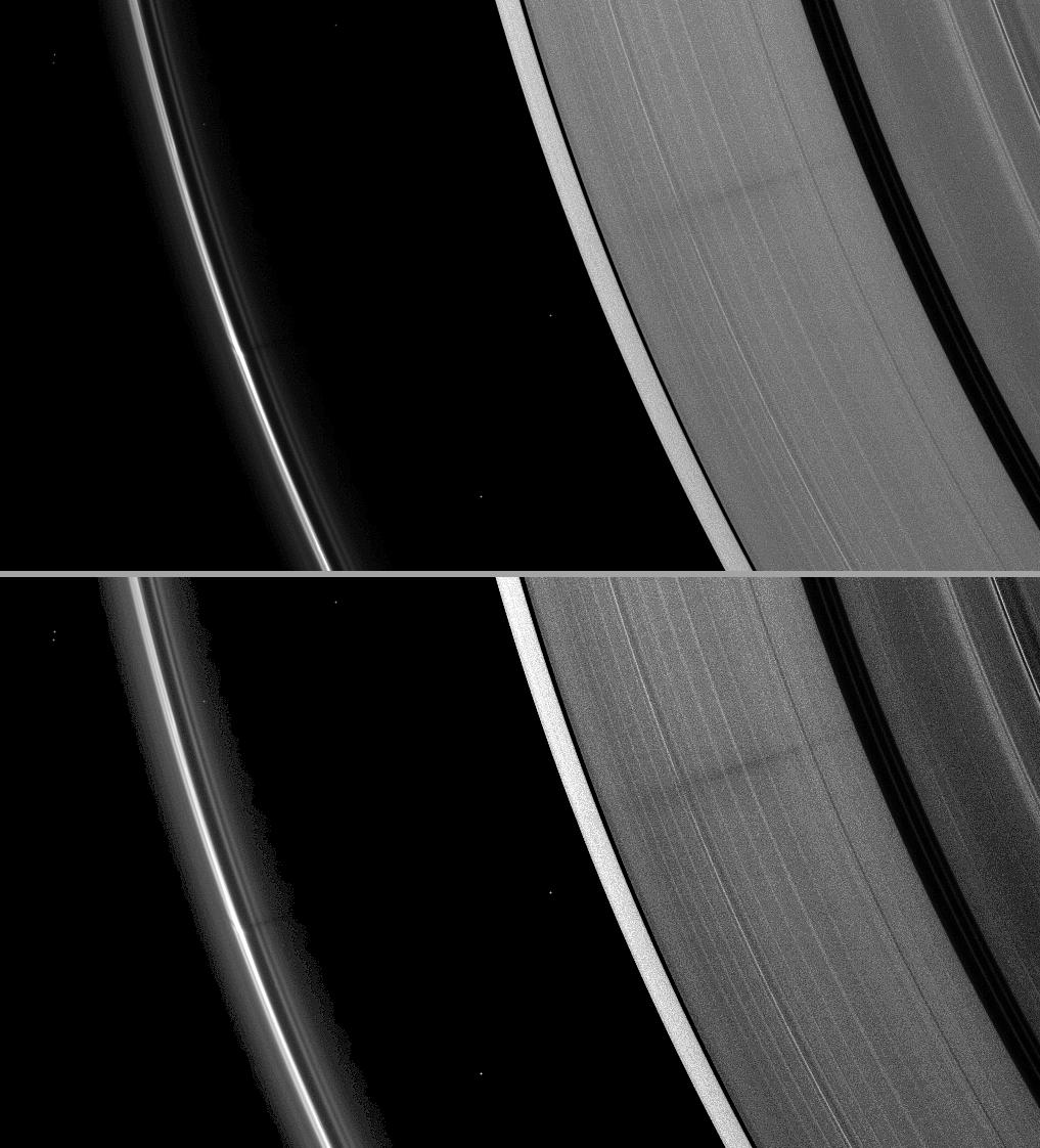 A vertically extended structure or object in Saturn's F ring casts a shadow long enough to reach the A ring in this Cassini image taken just days before planet's August 2009 equinox.
