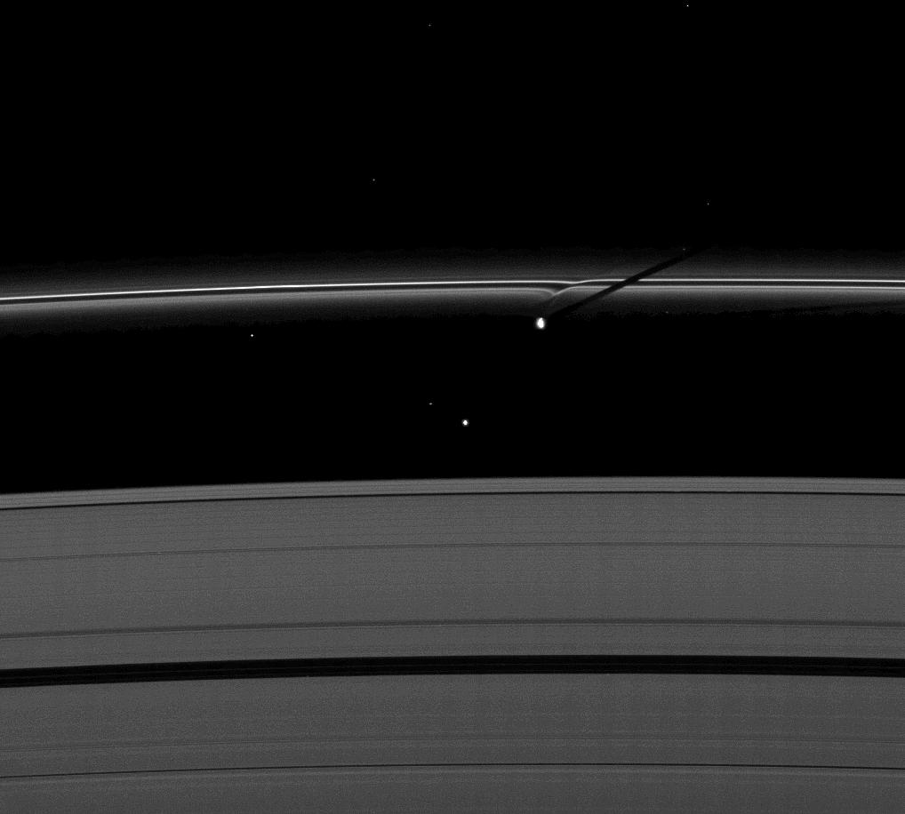 Prometheus casts a shadow on Saturn's F ring