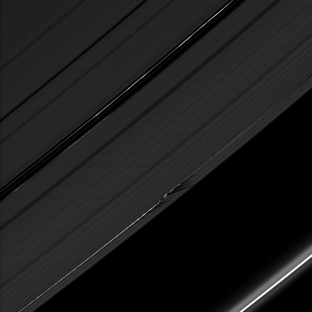 The shadows cast by Daphnis' attendant edge waves create a dark, jagged pattern on the A ring