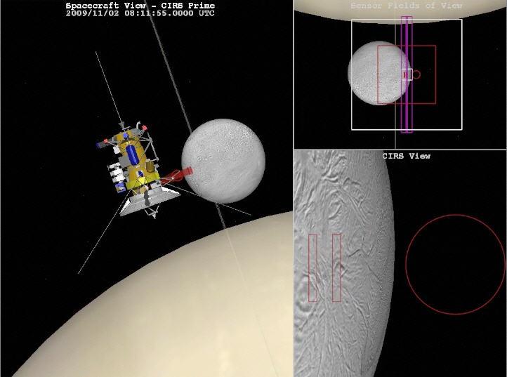 Screen grab of a video showing three views of Enceladus as the Cassini spacecraft performs a flyby.