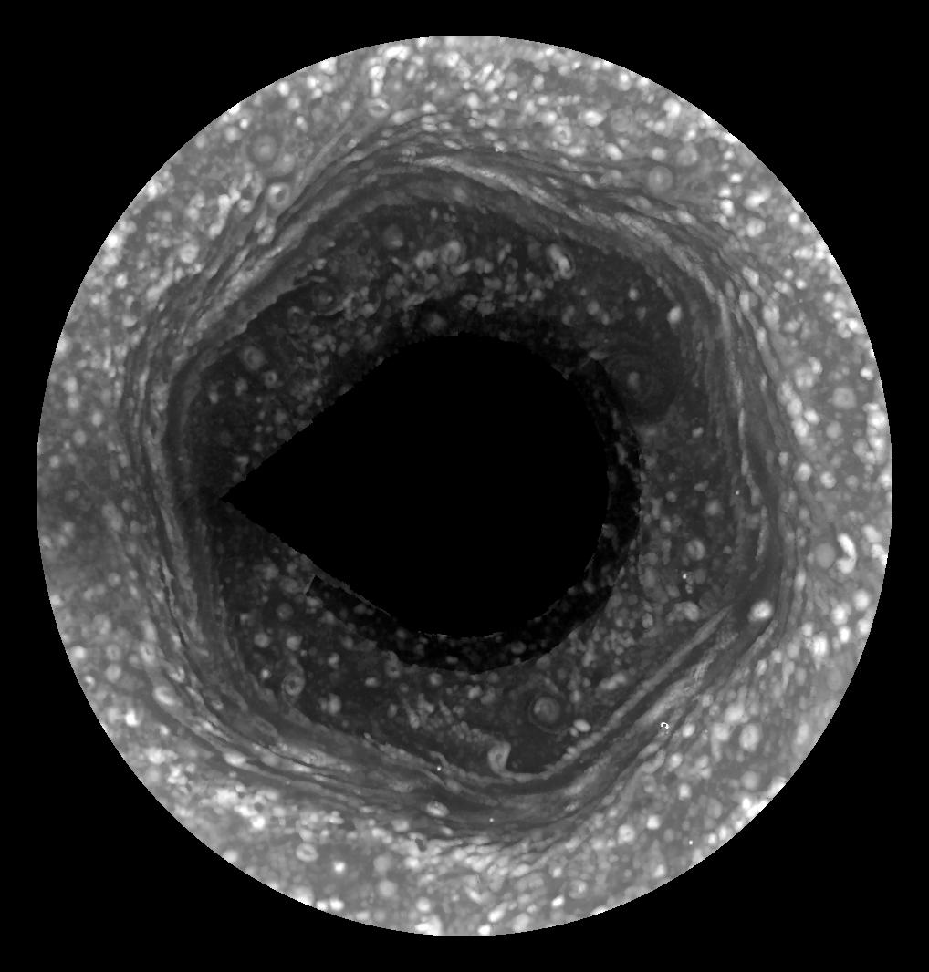 This movie (still image shown) from Cassini, made possible only as Saturn's north pole emerged from winter darkness, shows new details of a jet stream that follows a hexagon-shaped path and has long puzzled scientists.