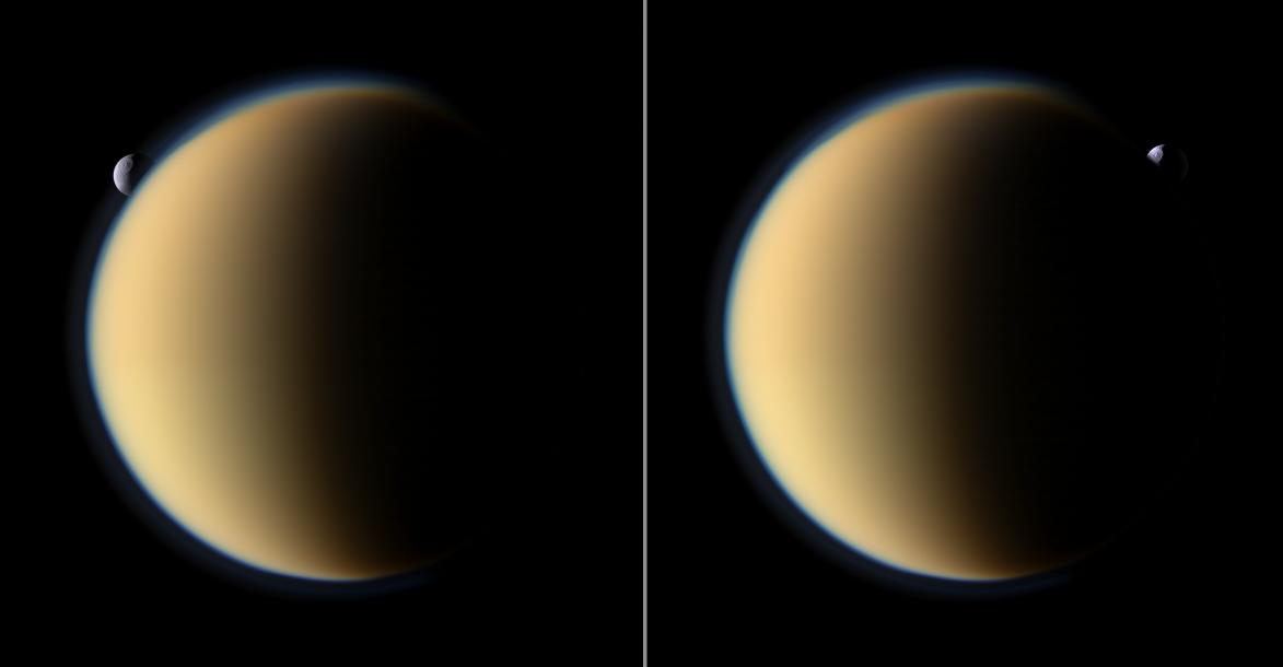(Left) Tethys slips behind Titan and then emerges on the other side (right image).
