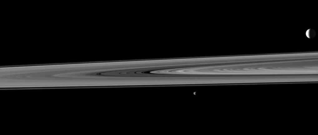 Saturn's rings occupy the space between two of the planet's moons in this image which shows the highly reflective moon Enceladus in the background and the smaller moon Janus in the fore.