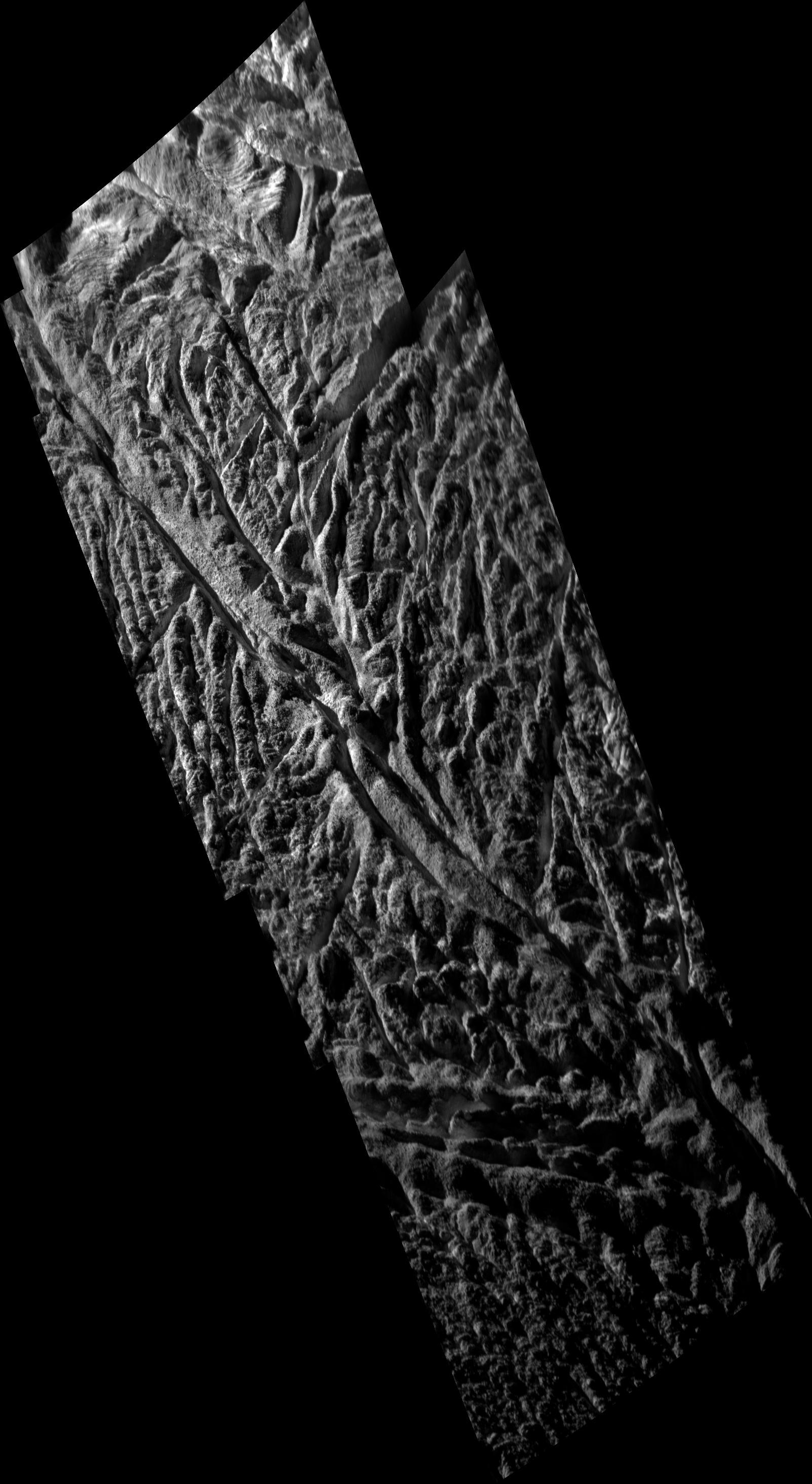 Mosaic image of Enceladus from high-resolution data from the imaging science subsystem aboard NASA’s Cassini spacecraft,
