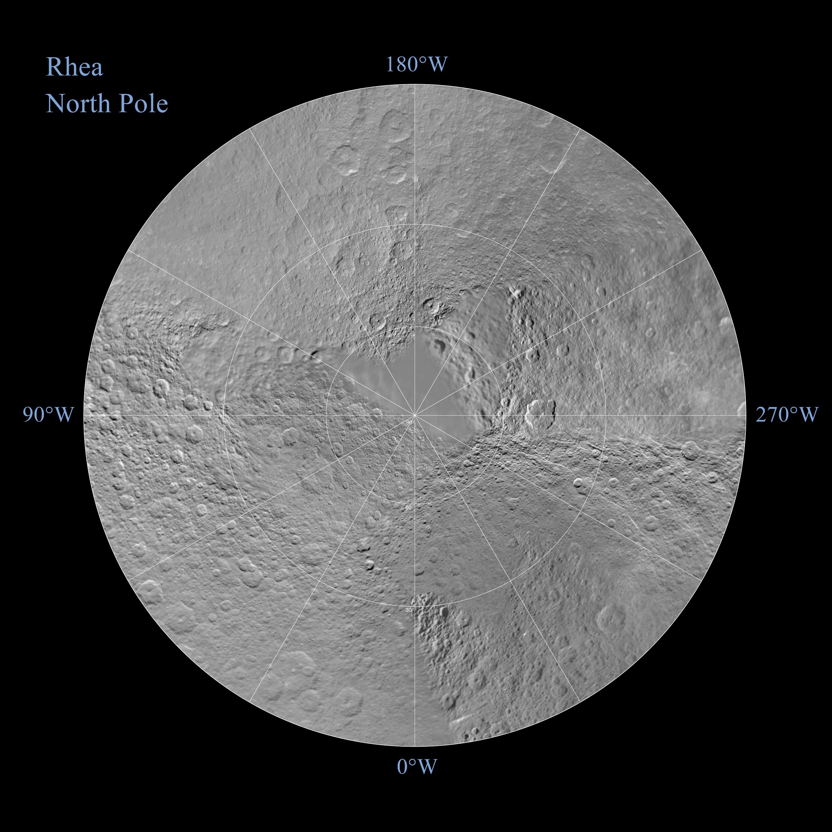 The northern and southern hemispheres of Rhea