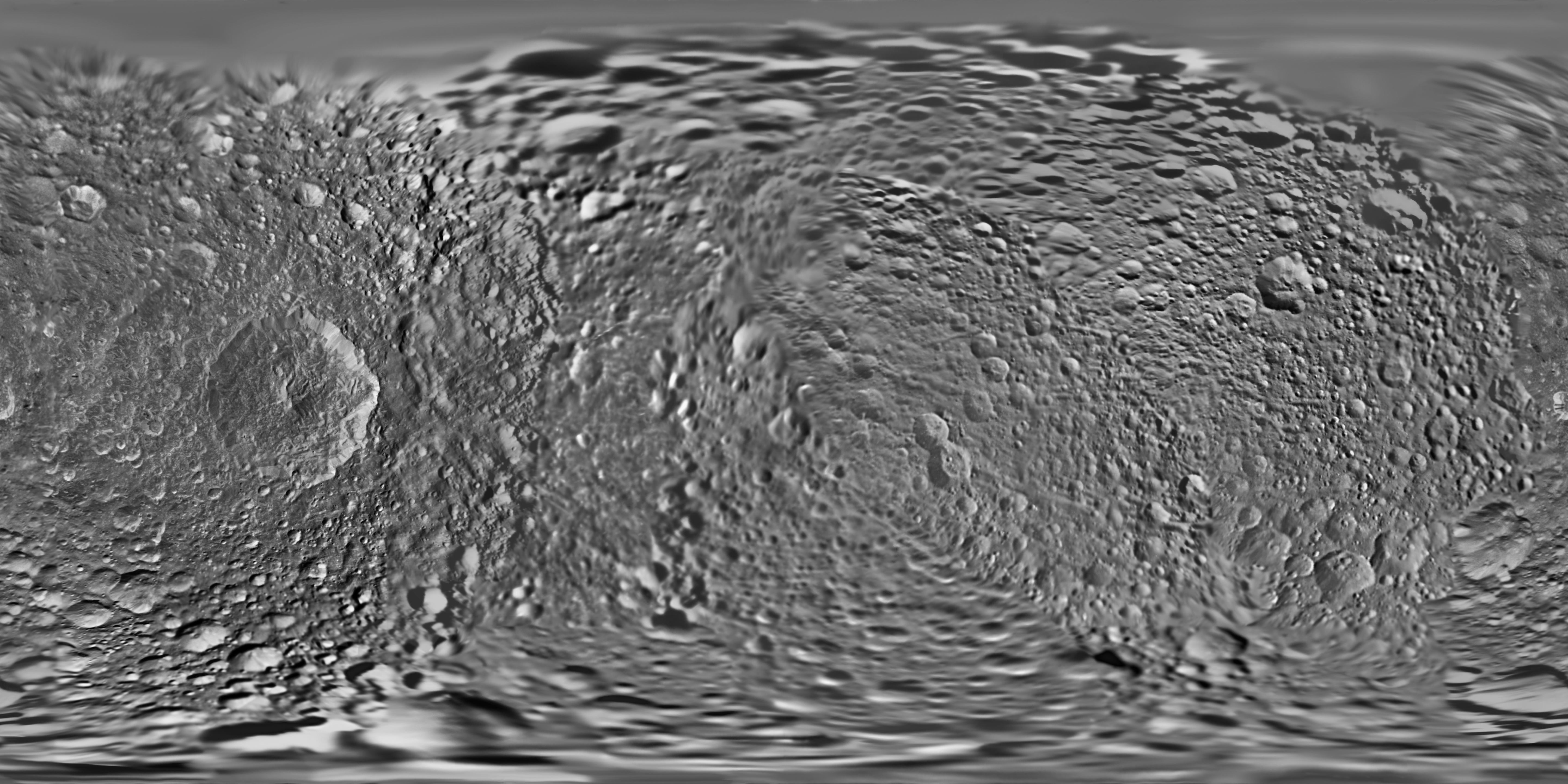 This global map of Saturn's moon Mimas was created using images taken during Cassini spacecraft flybys, with Voyager images filling in the gaps in Cassini's coverage.