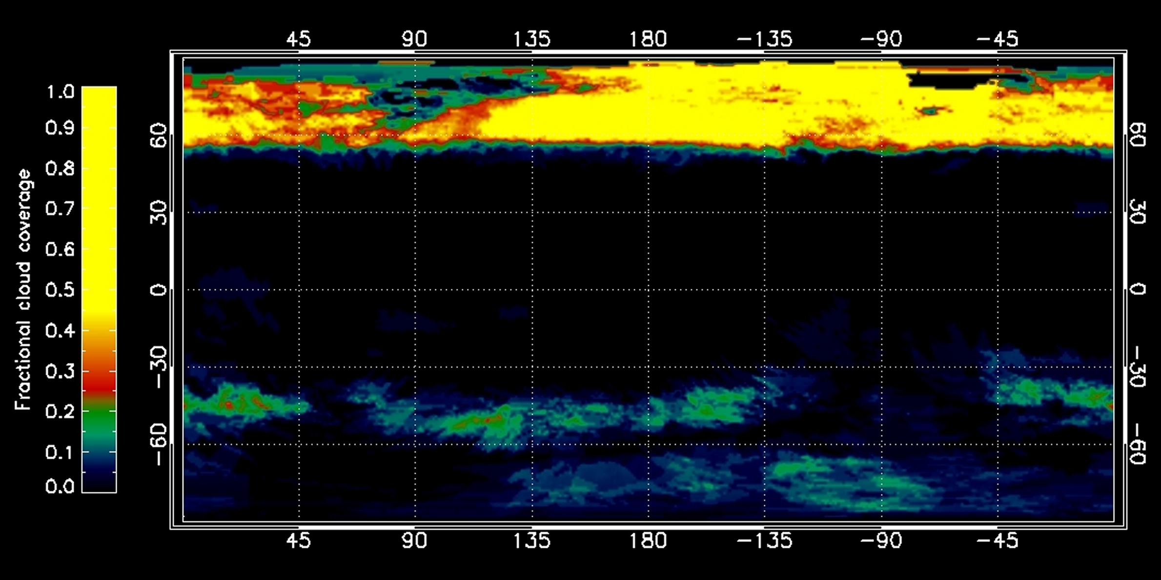Graphic showing percentage of cloud coverage across the surface of Titan. 