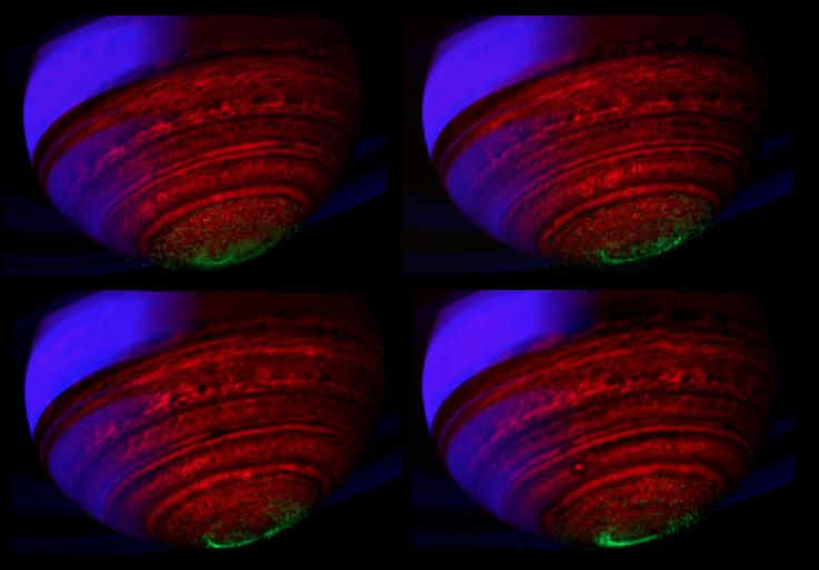 Four false-color, composite images showing Saturn's southern lights