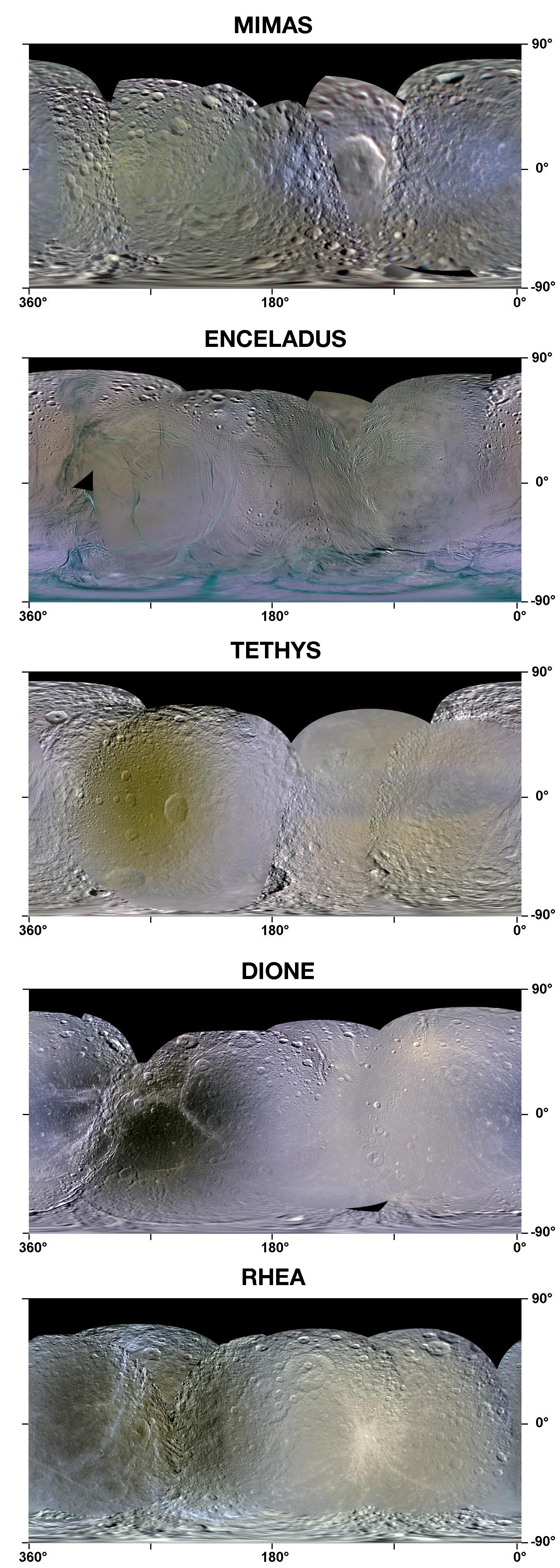 This set of enhanced-color maps made from data obtained by NASA's Cassini spacecraft show Saturn's moons Mimas, Enceladus, Tethys, Dione and Rhea.