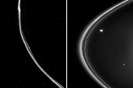 Saturn's F rings seen by Voyager, left, and Cassini