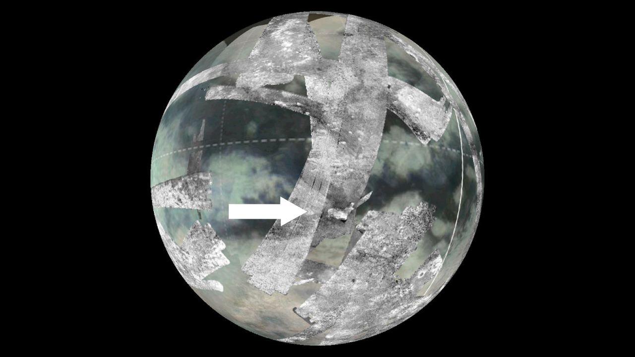 This image shows the location of an area known as Sotra Facula on Saturn’s moon Titan. 