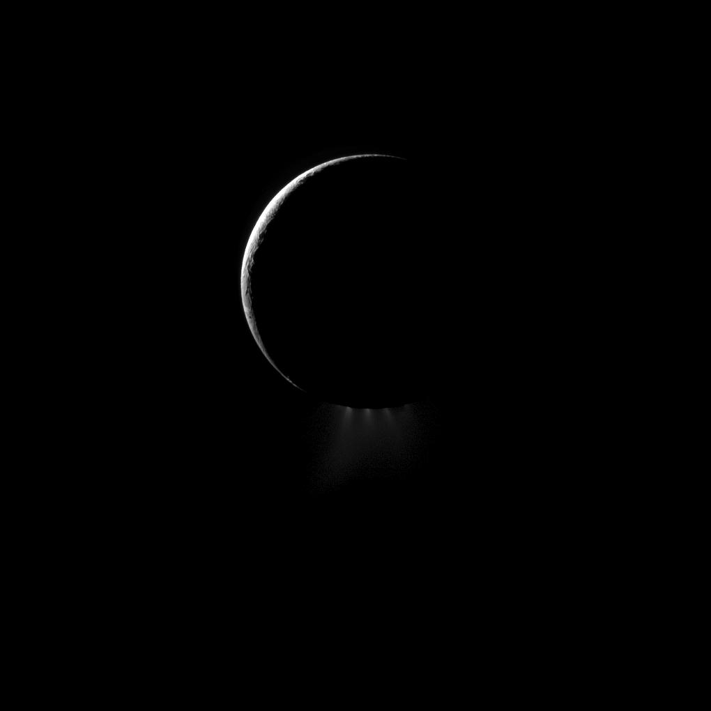 A crescent Enceladus and its spectacular water ice plumes