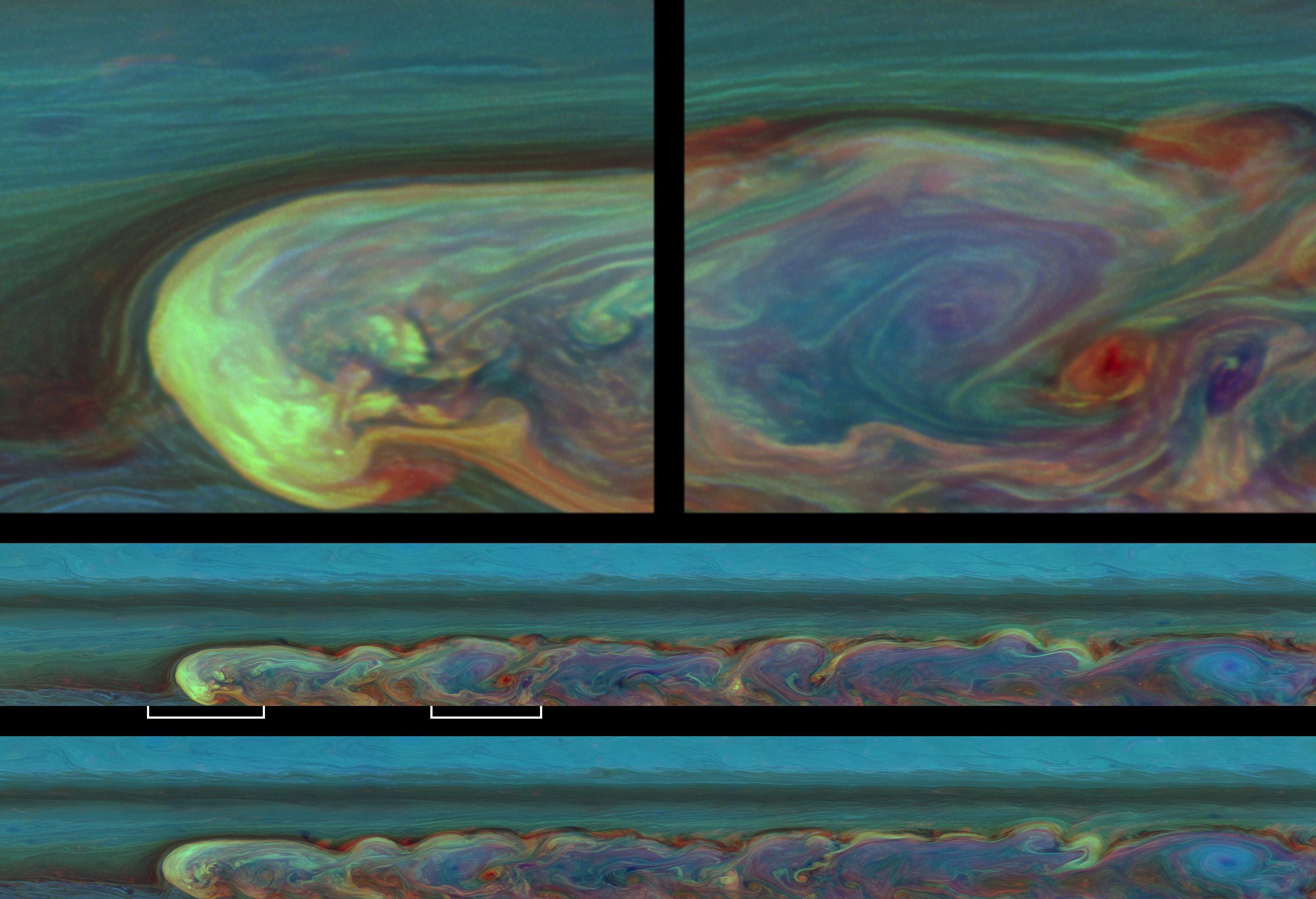 False-color images chronicle a day in the life of a huge storm on Saturn