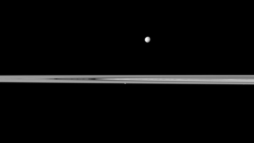 Prometheus, Mimas and Saturn's rings