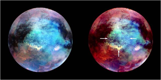 NASA's Cassini spacecraft obtained these false-color images of a circular feature in a region known as Xanadu on Saturn's moon Titan. 