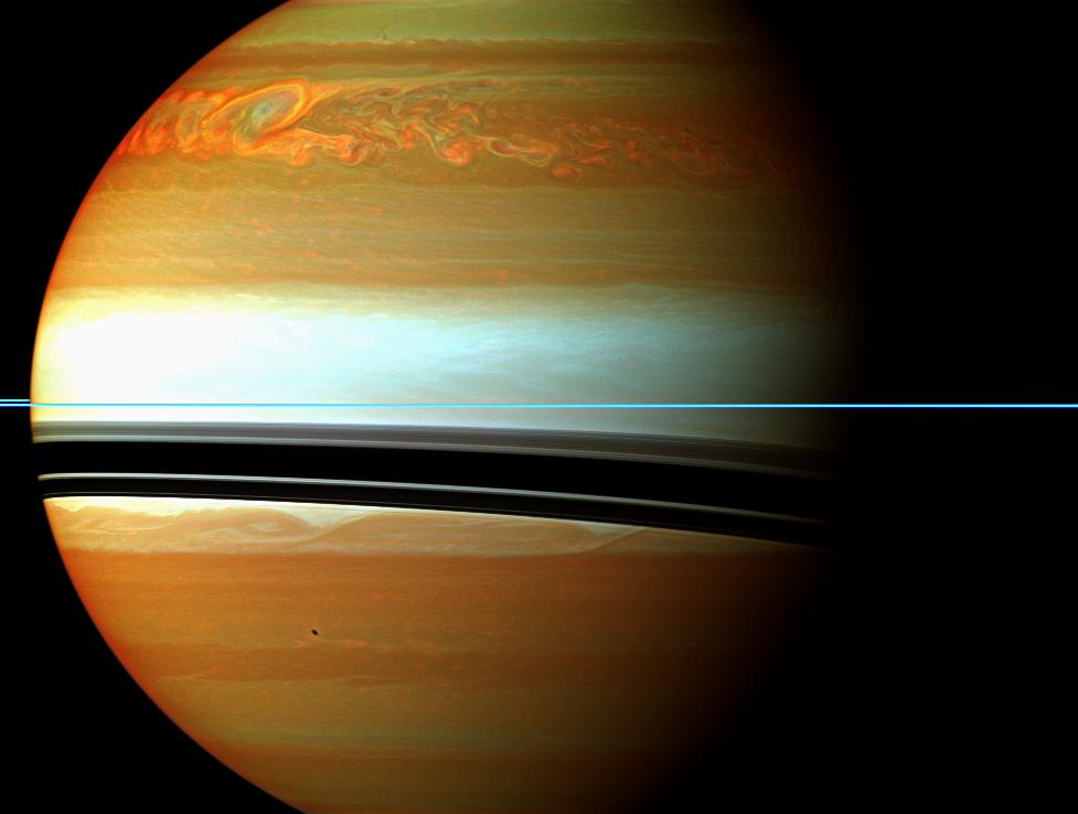 False-color mosaic of the tail of Saturn's huge northern storm