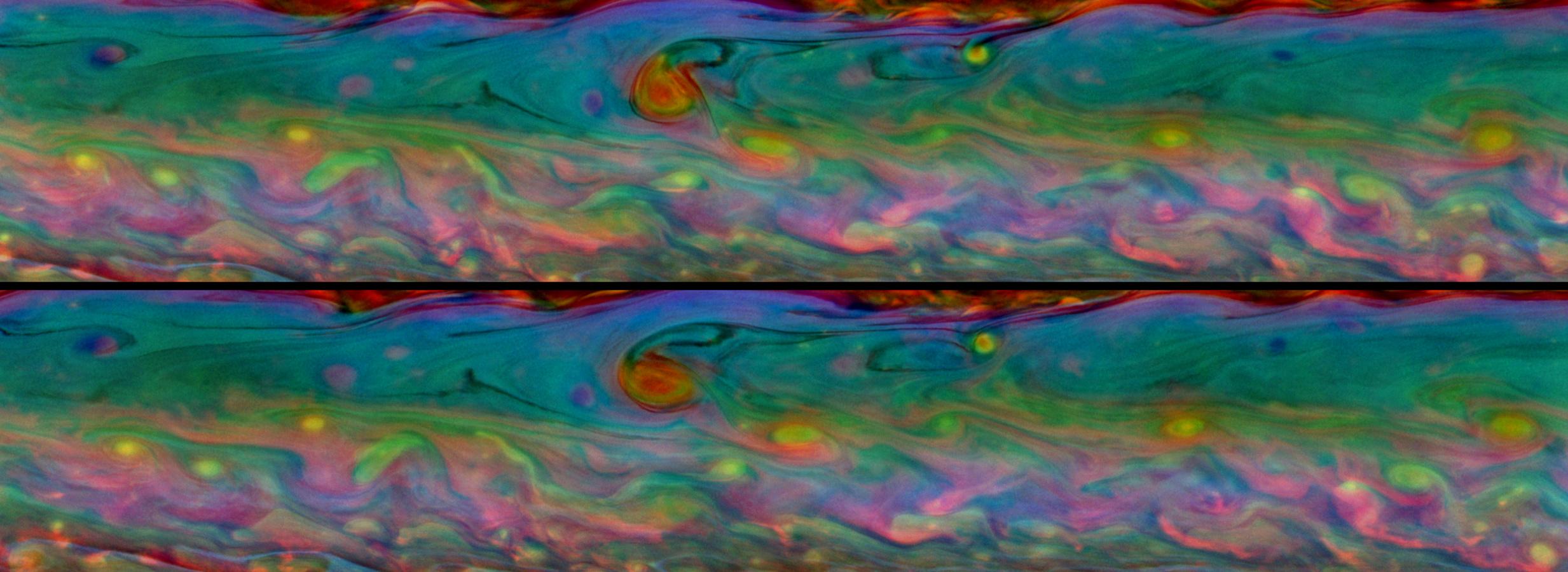 These two false-color views from NASA's Cassini spacecraft show detailed patterns that change during one Saturn day within the huge storm in the planet's northern hemisphere.