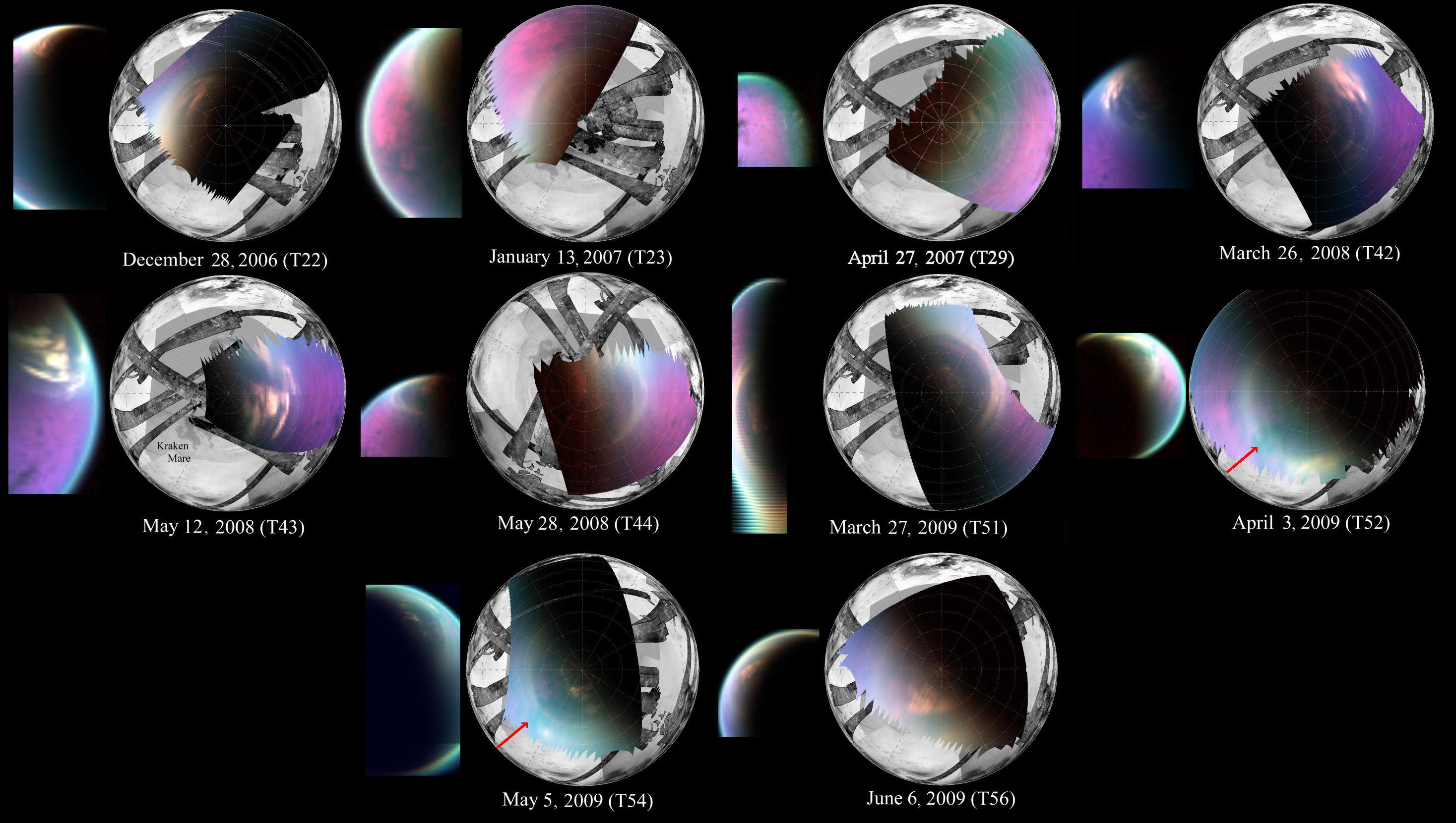 This series of images obtained by NASA’s Cassini spacecraft shows several views of the north polar cloud covering Saturn’s moon Titan.