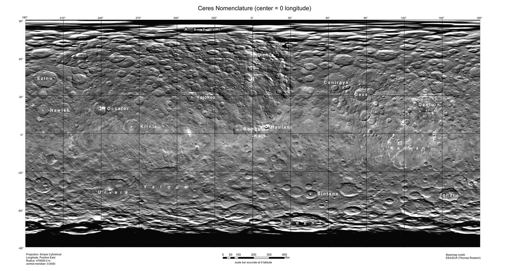 Ceres Map With Crater Names -- August 2015