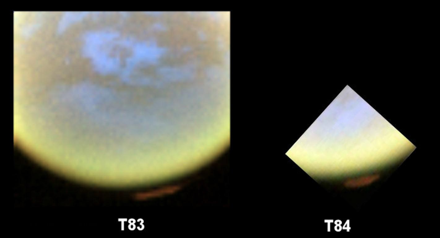 False-color images from NASA's Cassini spacecraft show the development of a hood of high-altitude haze ­- which appears orange in this image -- forming over the south pole of Saturn's moon Titan. These images were obtained on May 22 and June 7, 2012 by the visual and infrared mapping spectrometer in infrared wavelengths. 